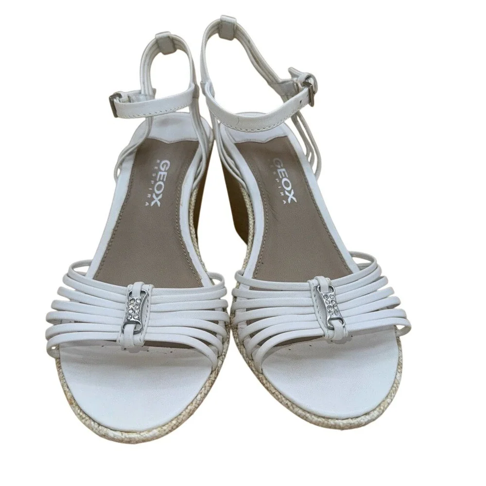 Geox‎ Respira White Leather Wedge Sandals with Rhinestone accent, Women's 6, EUC